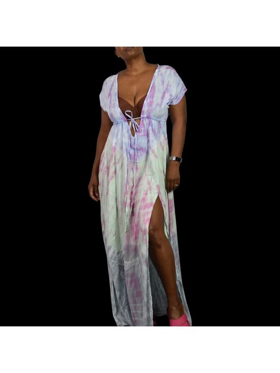 None Dresses & Skirts - Pastel Tie Dye Maxi Swim Coverup Dress Blue Open Front Plunge Thigh Patio Small